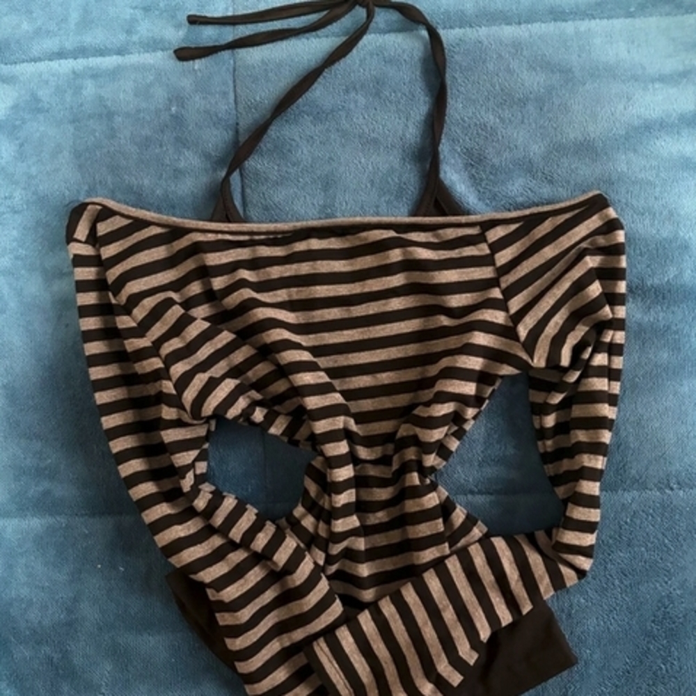 Y2K Black and Grey Striped Halter Top